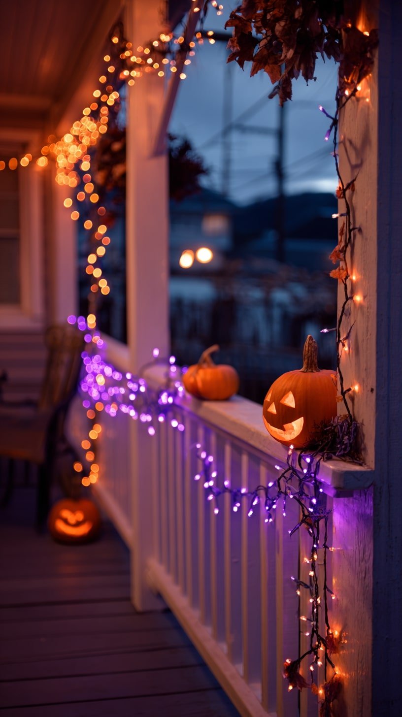 Wrap Porch Rails with Orange and Purple String Lights