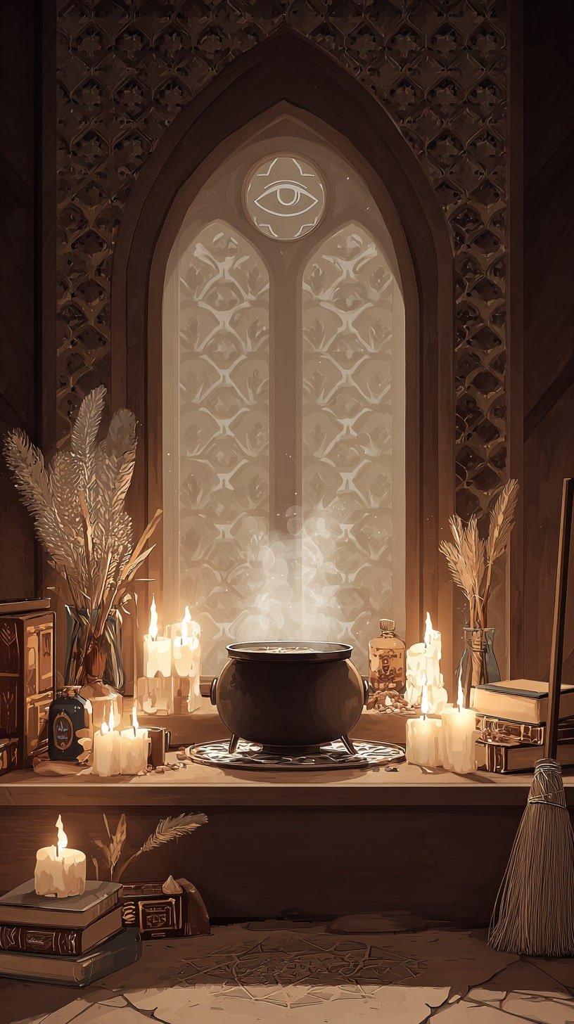 Witchy Vignette with a Bubbling Cauldron Display