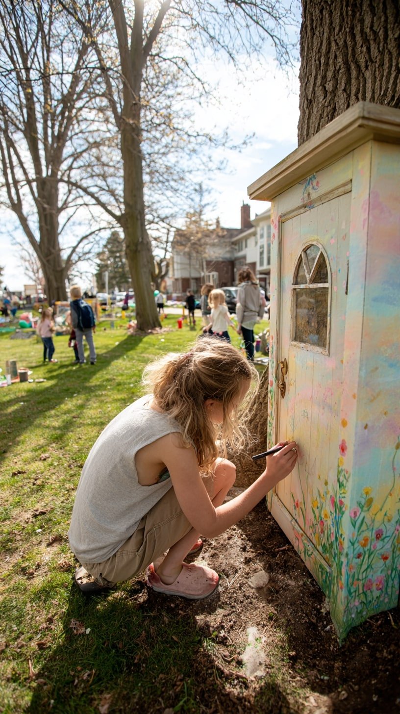 Tree-Mounted Fairy Door with Childlike Color and Imagination