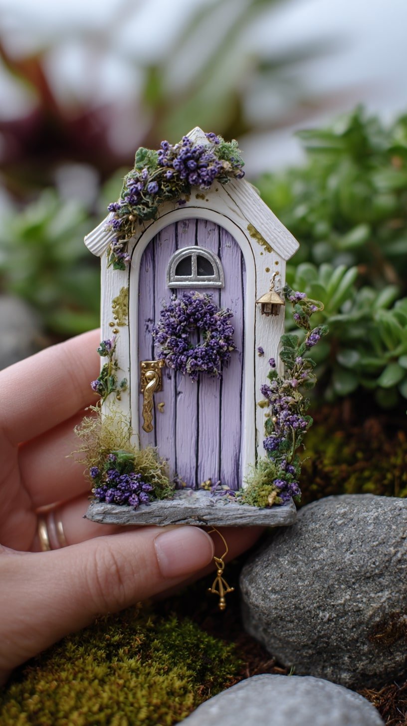 Miniature Door with Lavender Tones and Golden Hardware