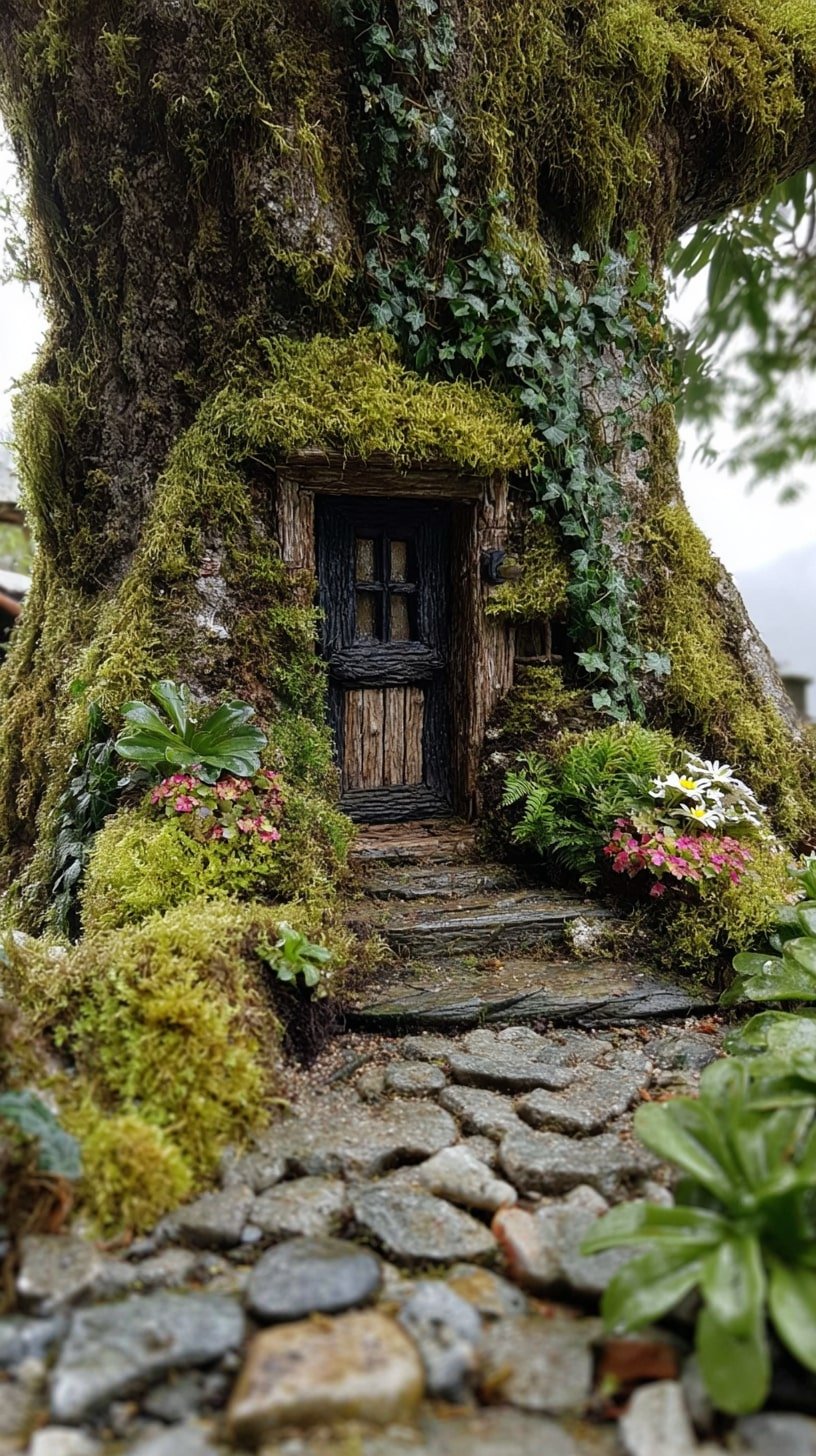 Wooden Door into a Mossy Tree Base