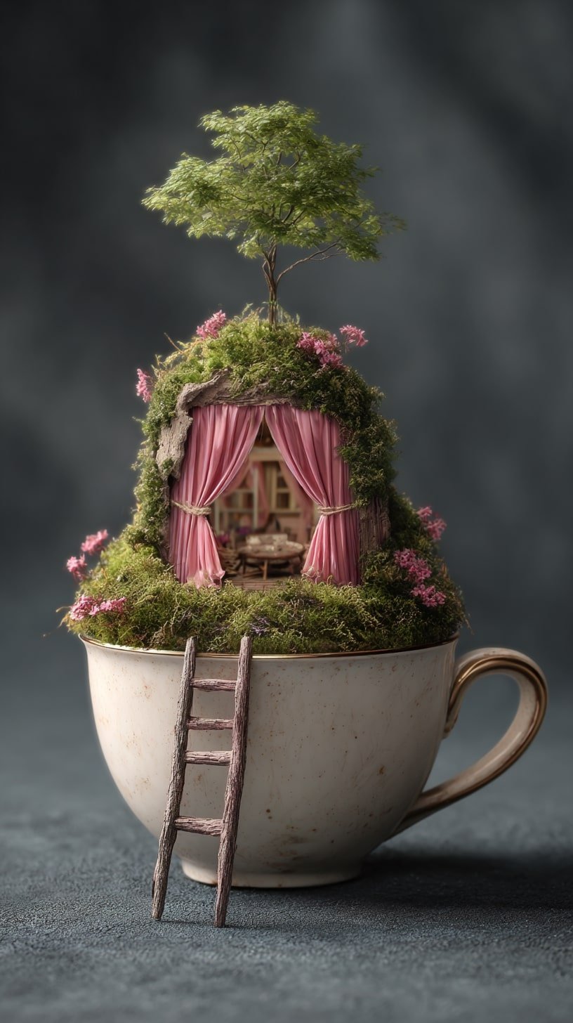 Mossy Hilltop with Draped Curtains in a Teacup Base