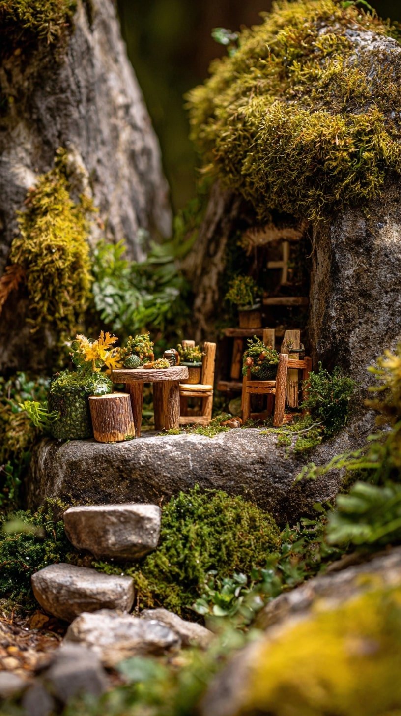Out a Table Nook with Mossy Stone and Miniature Wood