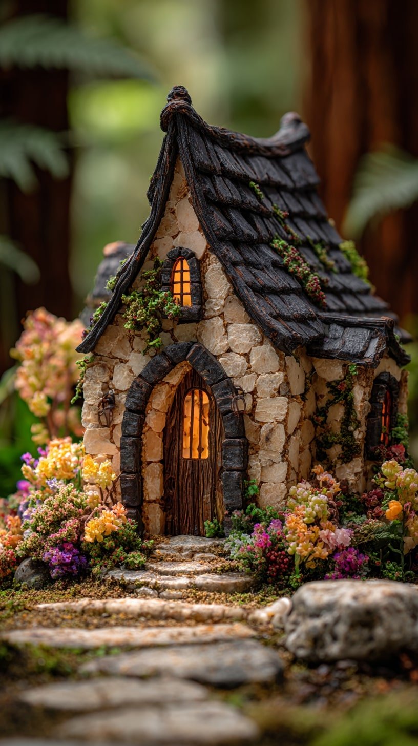 River Pebbles and Flower Beds to Frame a Fairy Front Walk