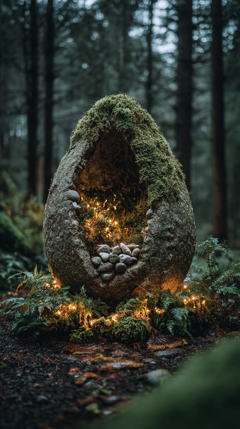 Stone Pod and Line with Moss for a Forest Sanctuary Glow
