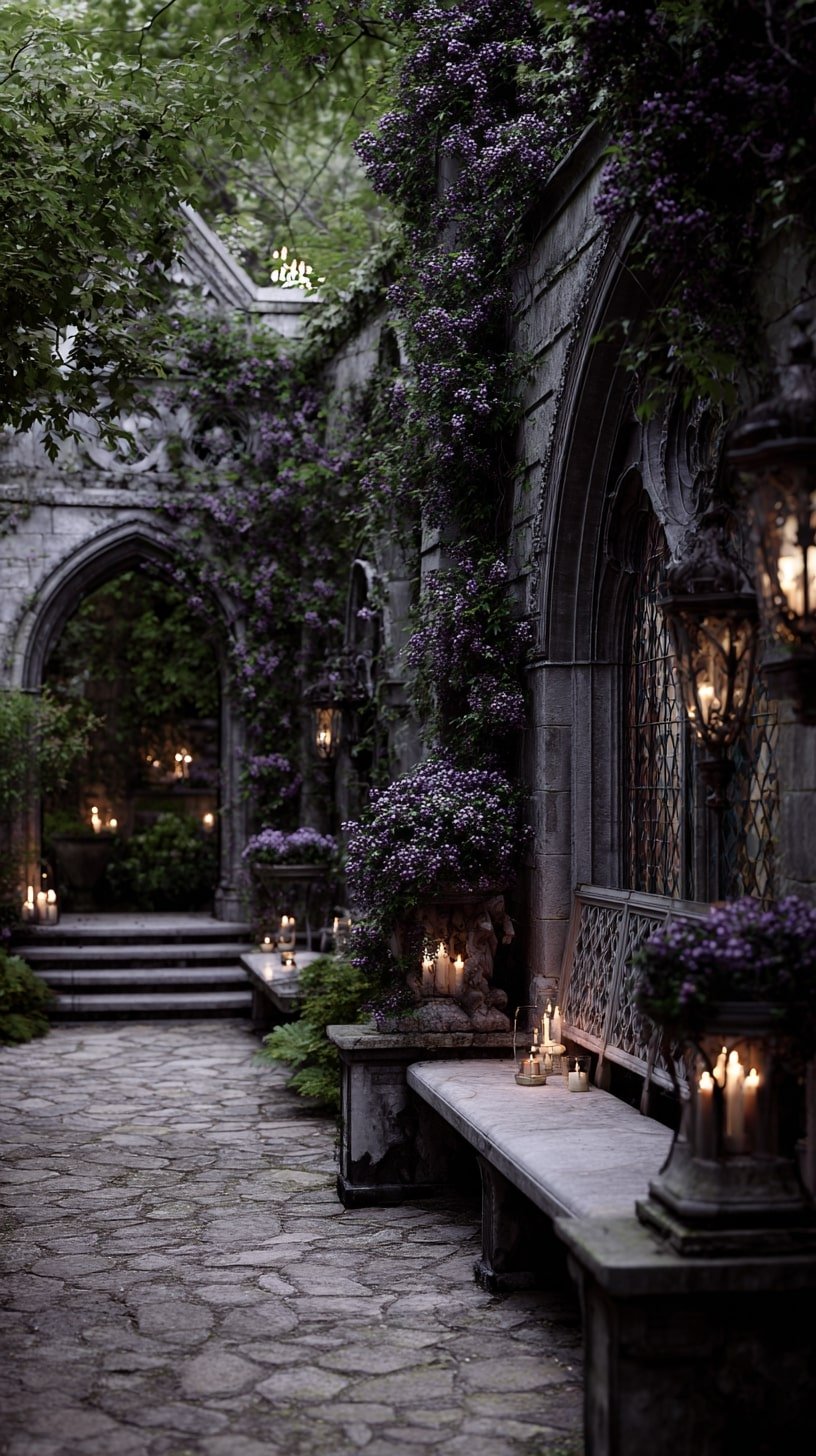 Gothic Stonework with Creeping Vines and Candlelight