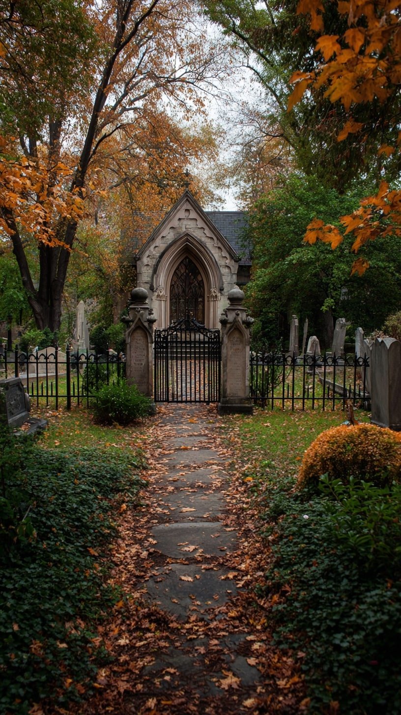 Fallen Leaves and a Spired Stone Gate