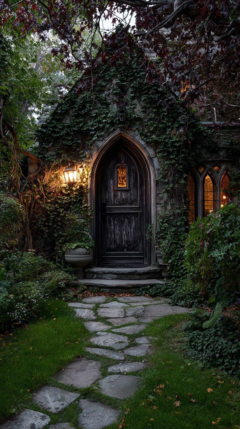 ntry with a Gothic Arch and Ivy-Covered Stone