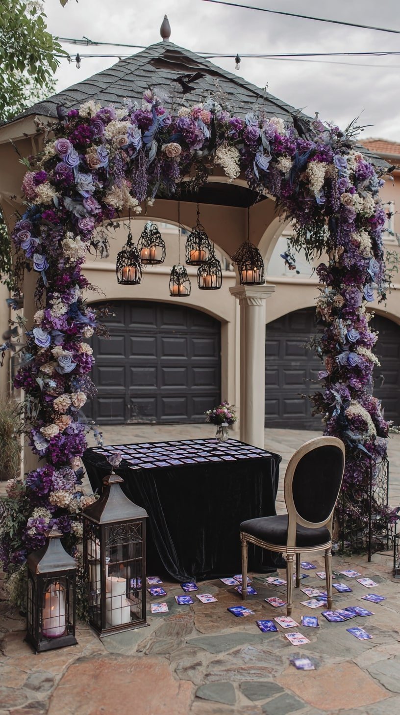 Hang Ornate Lanterns Under a Flower-Draped Arch
