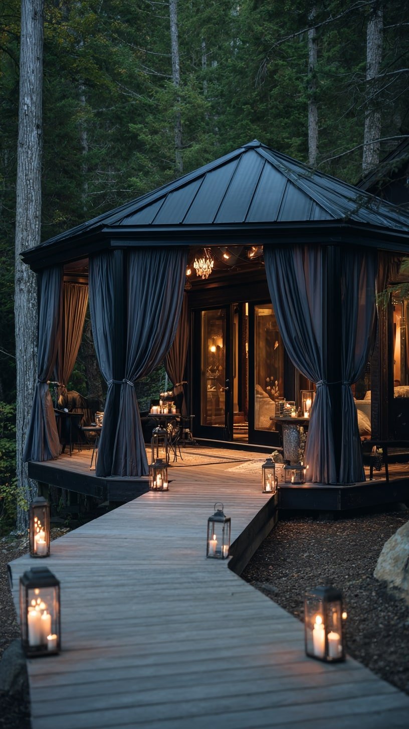 Heavy Curtains Around a Dark-Paneled Pavilion