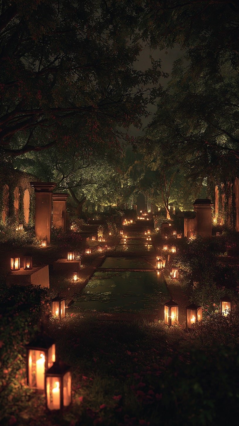 Reflecting Pathway with Flickering Lanterns