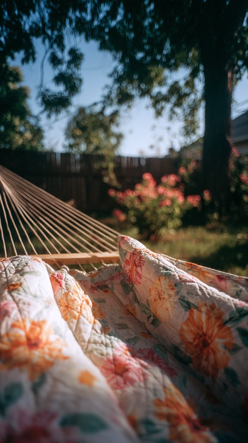 Hammock Under Tree Shade with a Floral Quilt for Nap-Ready Ease
