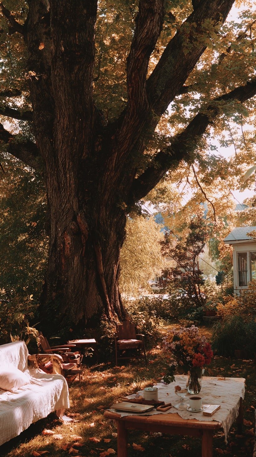 ounge Zone Beneath a Mature Tree with Mixed Seating and Soft Linens