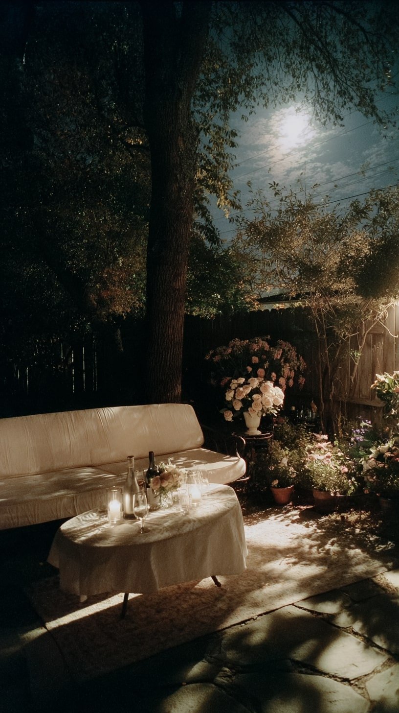 Garden Lounge with Candles and Soft Moon Shadows