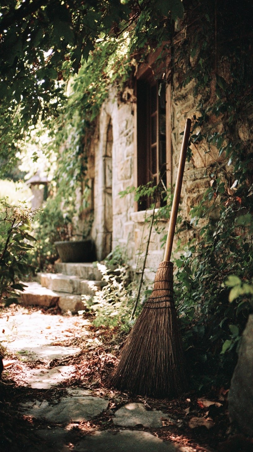 Rustic Broom Beside an Ivy-Clad Stone Wall