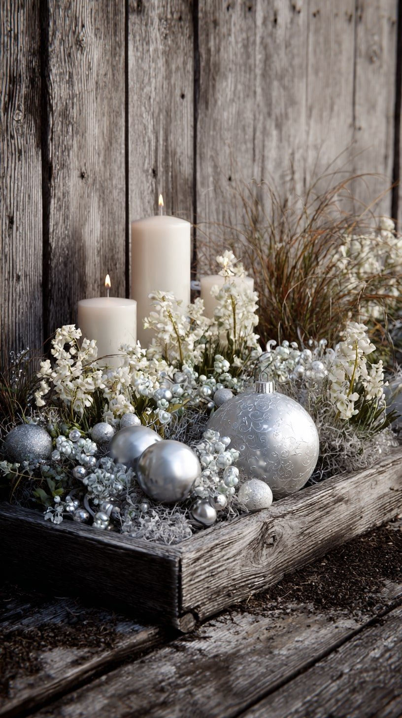 Winter Display with Weathered Wood and Metallic Ornaments