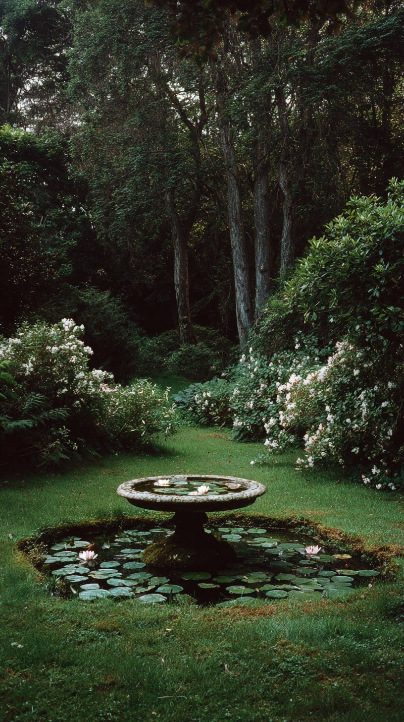 Garden Clearing with a Moss-Rimmed Lily Pond