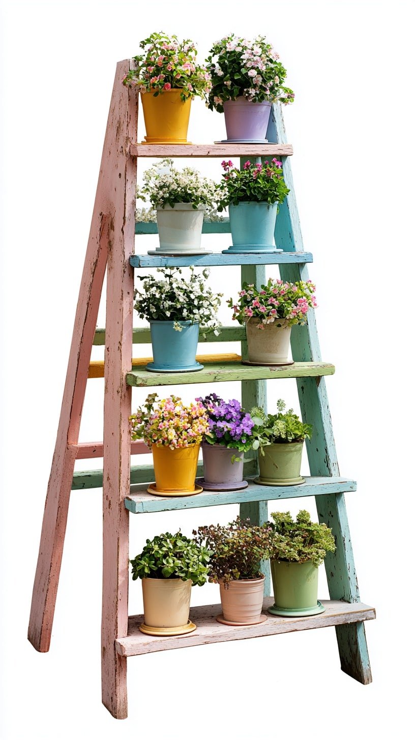 Repurpose a Wooden Ladder for Tiered Garden Display