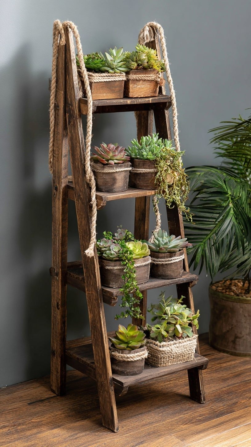 Wrap Rope Around a Ladder Shelf to Ground Succulent Displays