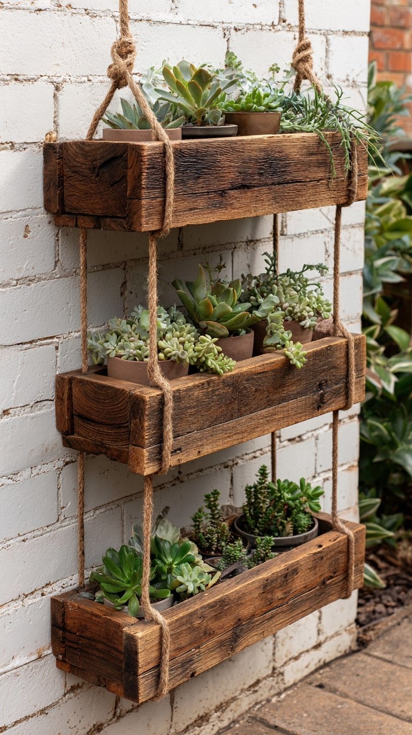 Hang Chunky Wood Crates with Rope for a Rustic Succulent Wall