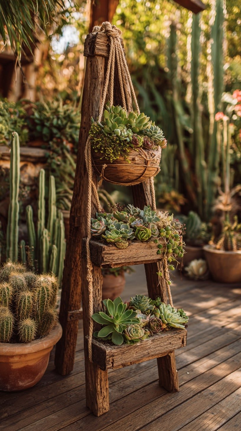 Drape Thick Rope Over a Rustic Ladder for a Succulent Focal Point