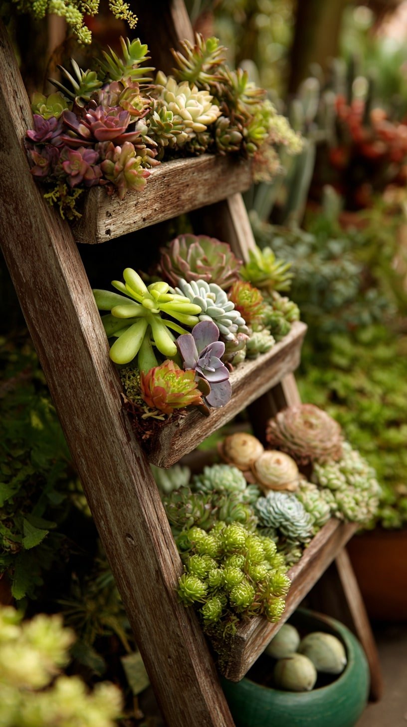 Pack Succulents Tightly into Tilted Ladder Trays for Bold Color Layers