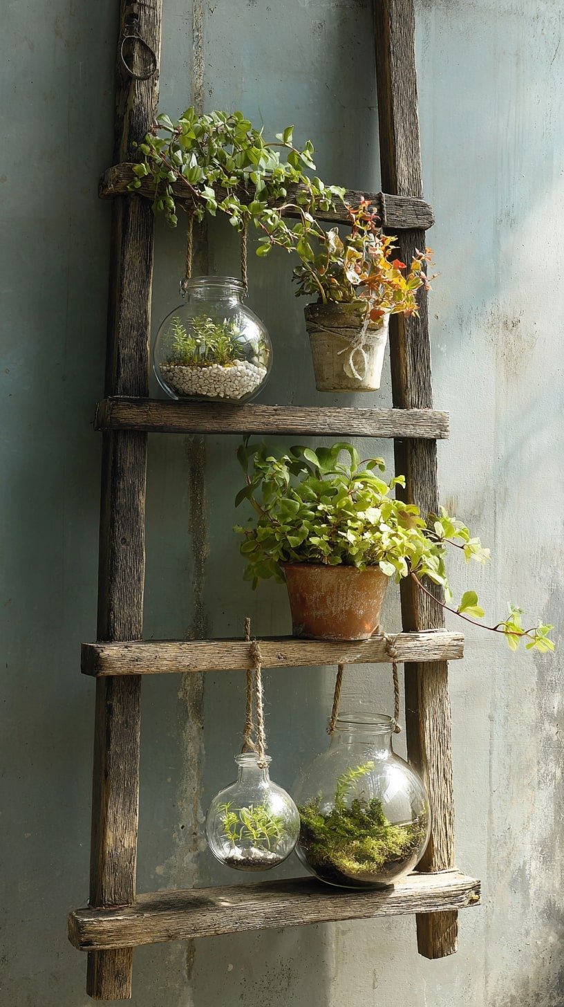 Suspend Glass Terrariums from a Rustic Ladder Frame