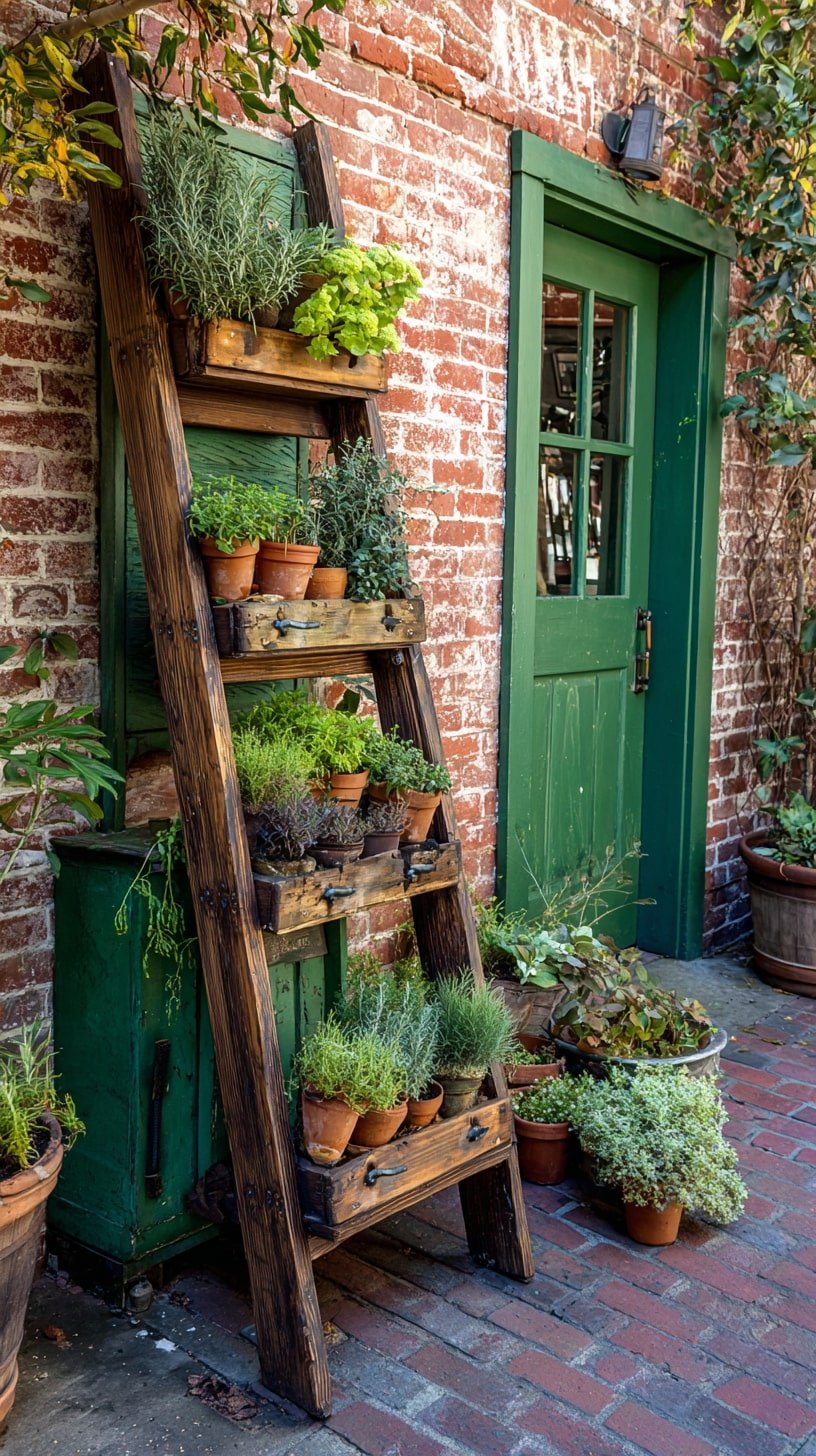 Stack Terra Cotta Herbs on a Ladder for Rustic Charm