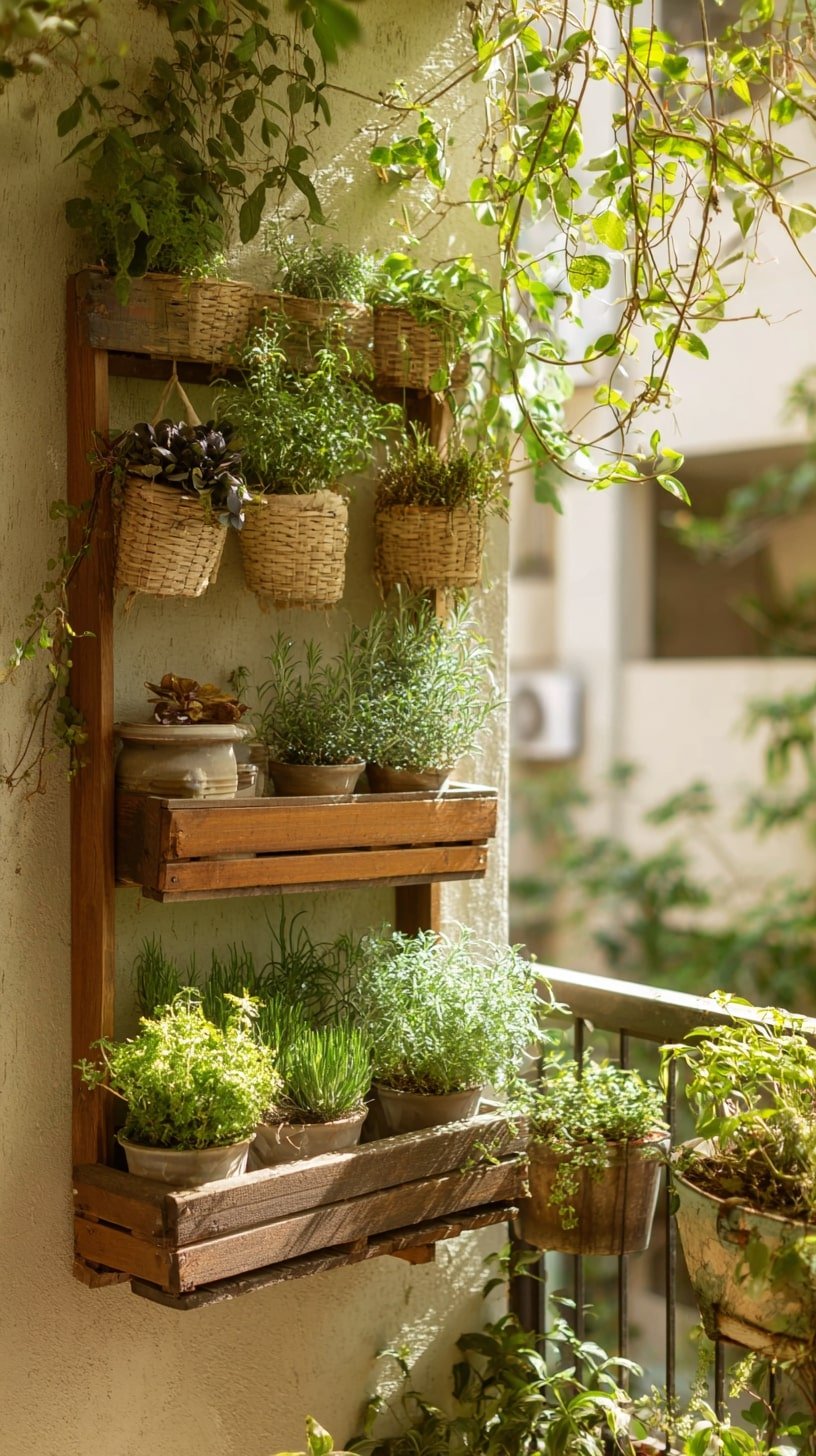 Suspend Woven Baskets on a Ladder Frame for Balcony Greenery