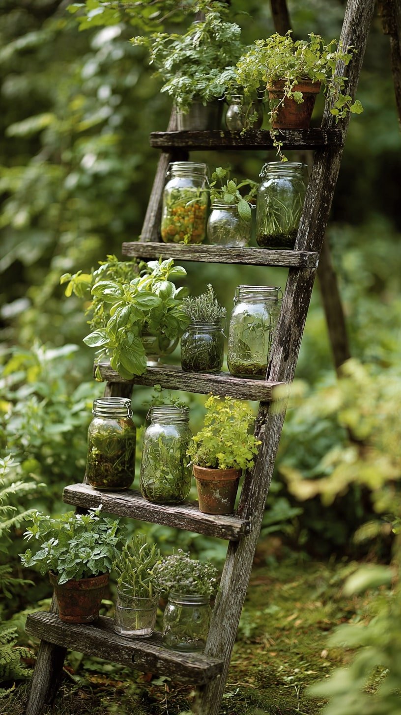 Combine Mason Jars and Herbs on a Weathered Ladder Frame