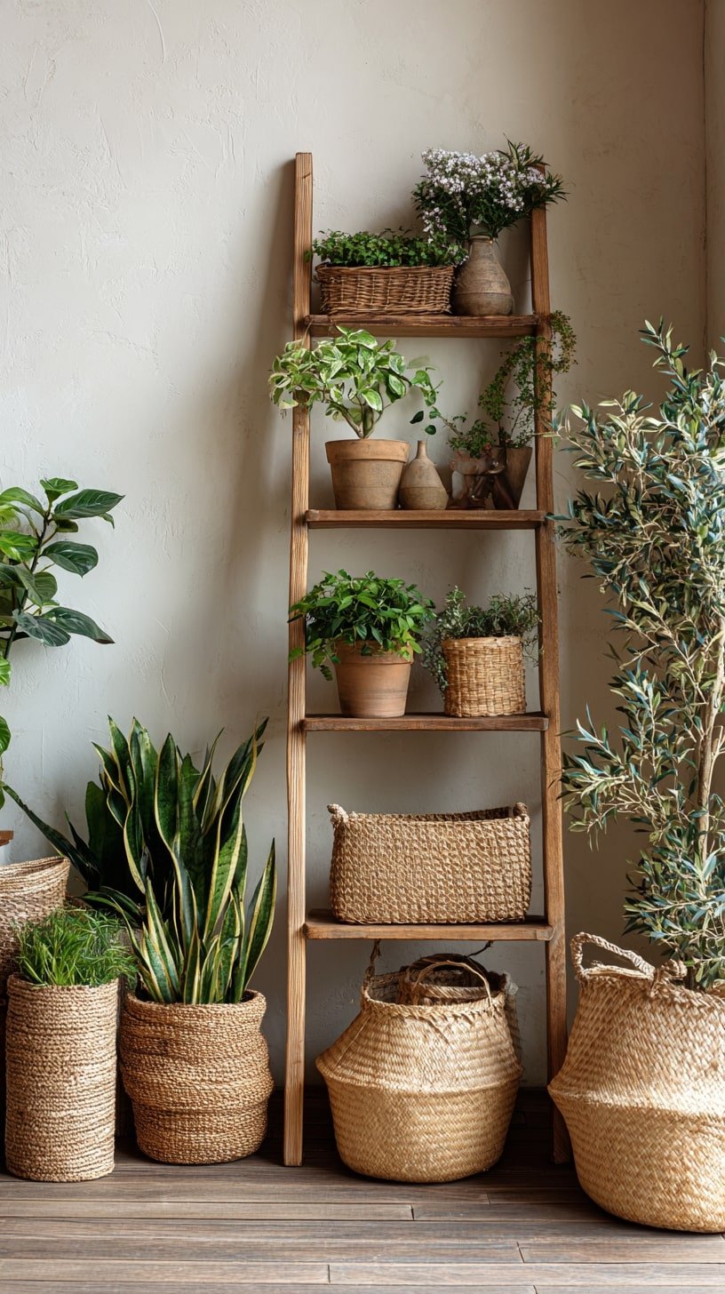 Pair Woven Baskets with a Leaning Ladder for an Indoor Earthy Look