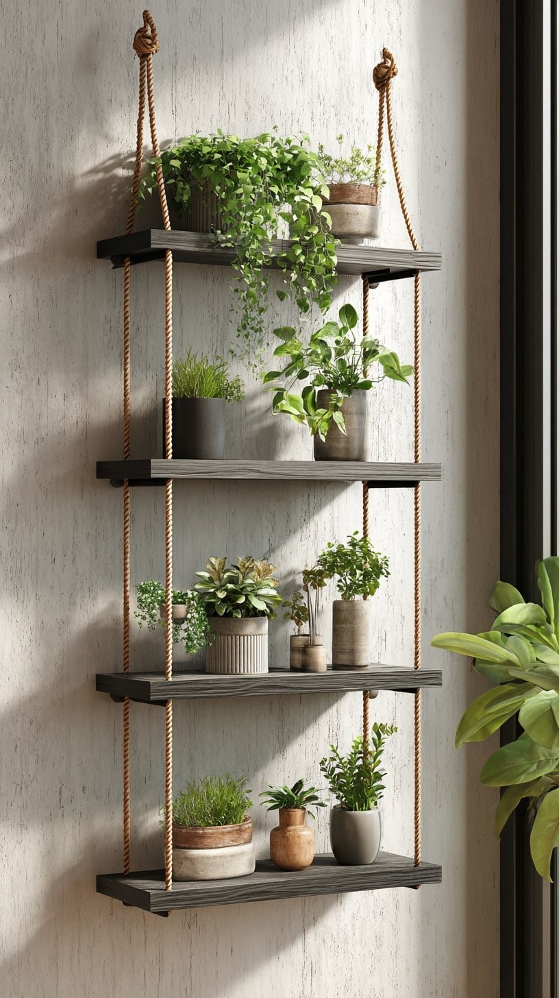 Suspend Sleek Shelves with Rope for a Clean Indoor Vertical Garden
