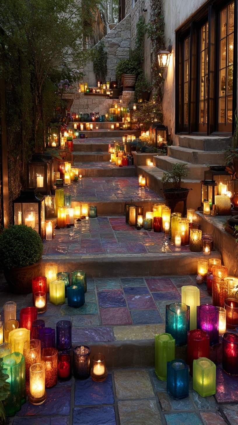 Line Stairways with Multicolored Candle Jars