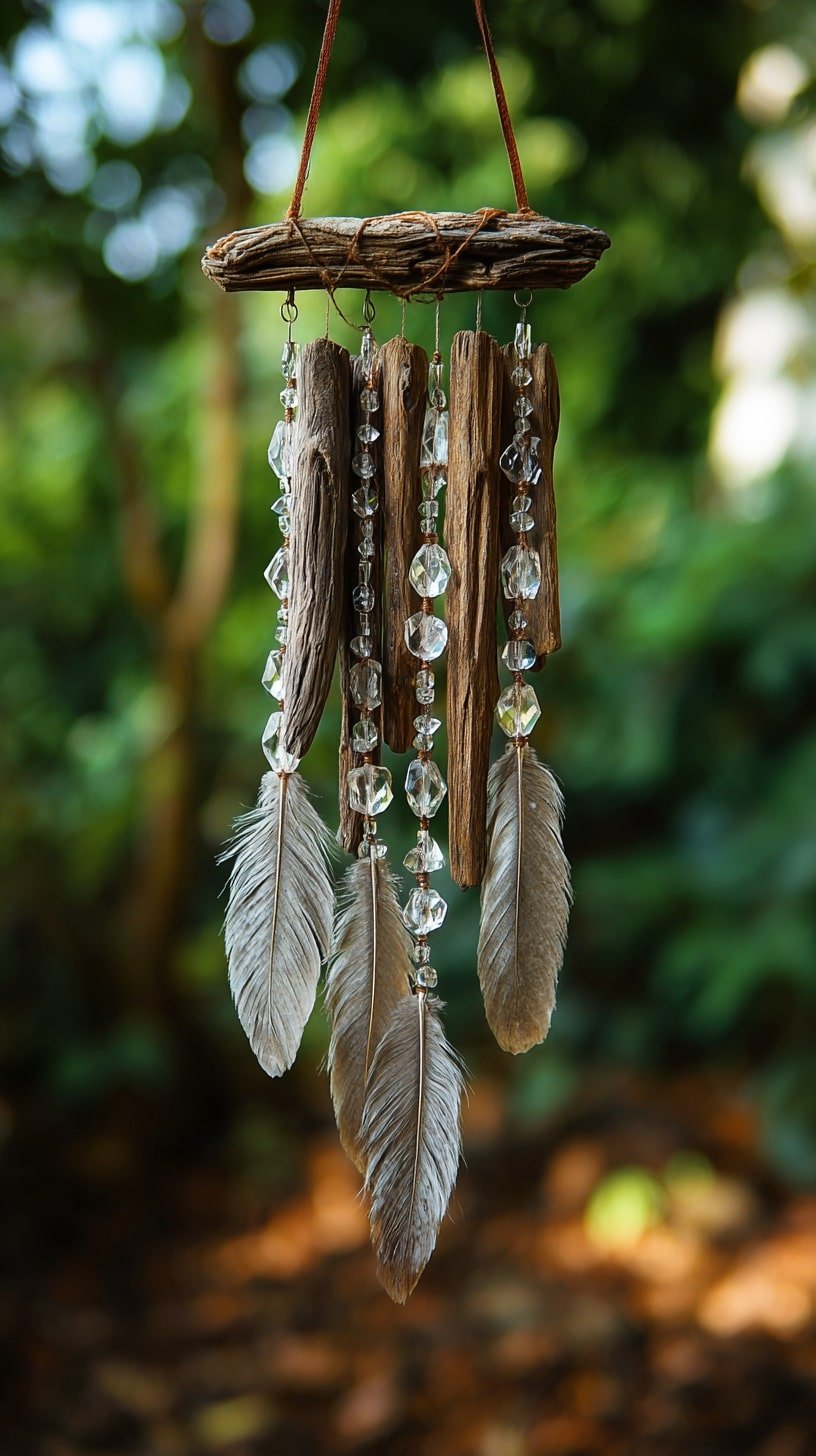 Hang Driftwood Charms with Crystal and Feather Layers
