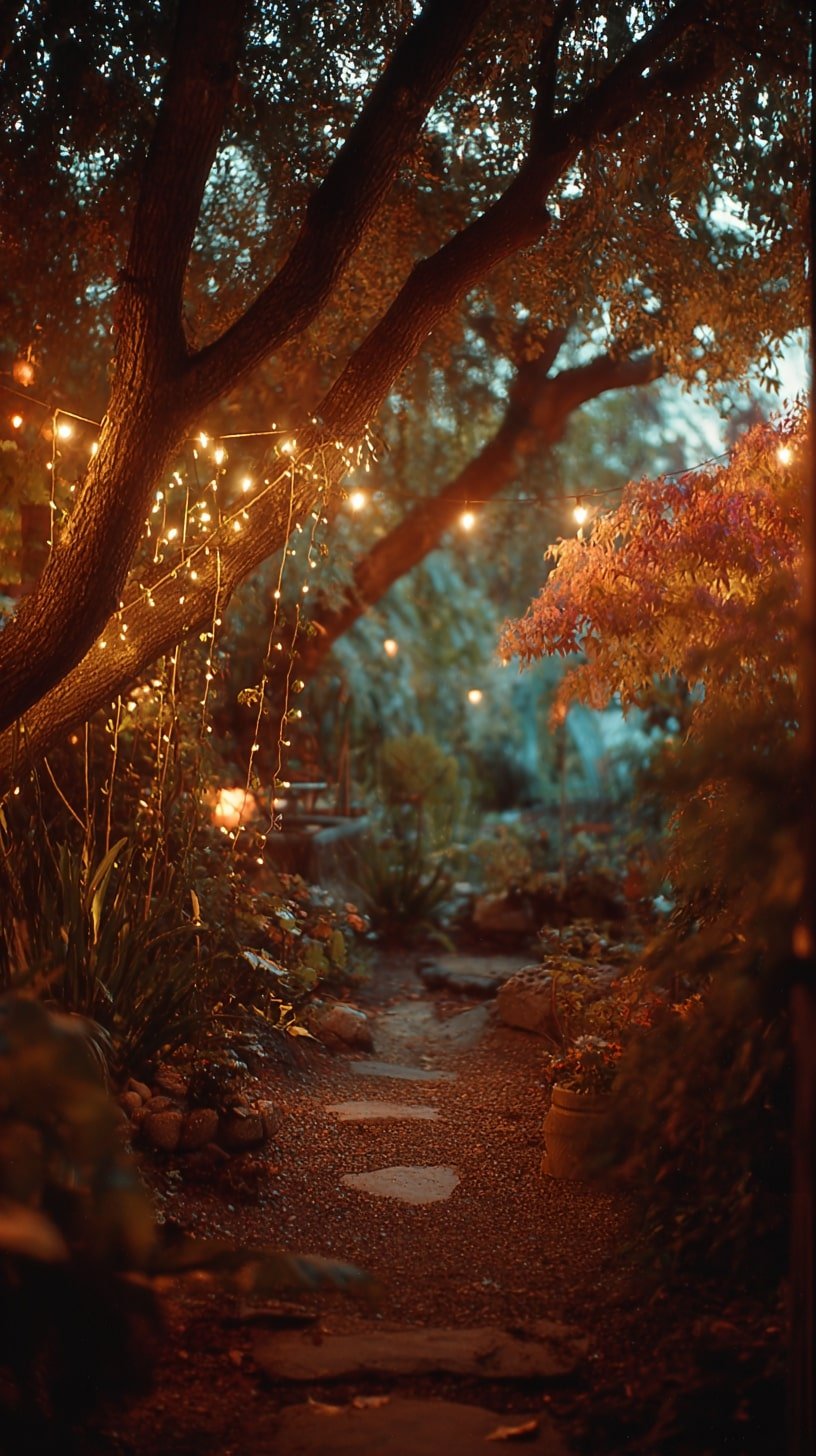 String Lights Over Branches for a Softly-Lit Garden Walk