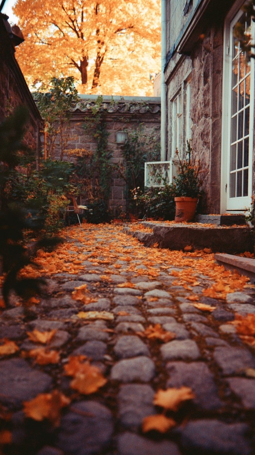 Cobbled Path Beneath Autumn Leaves