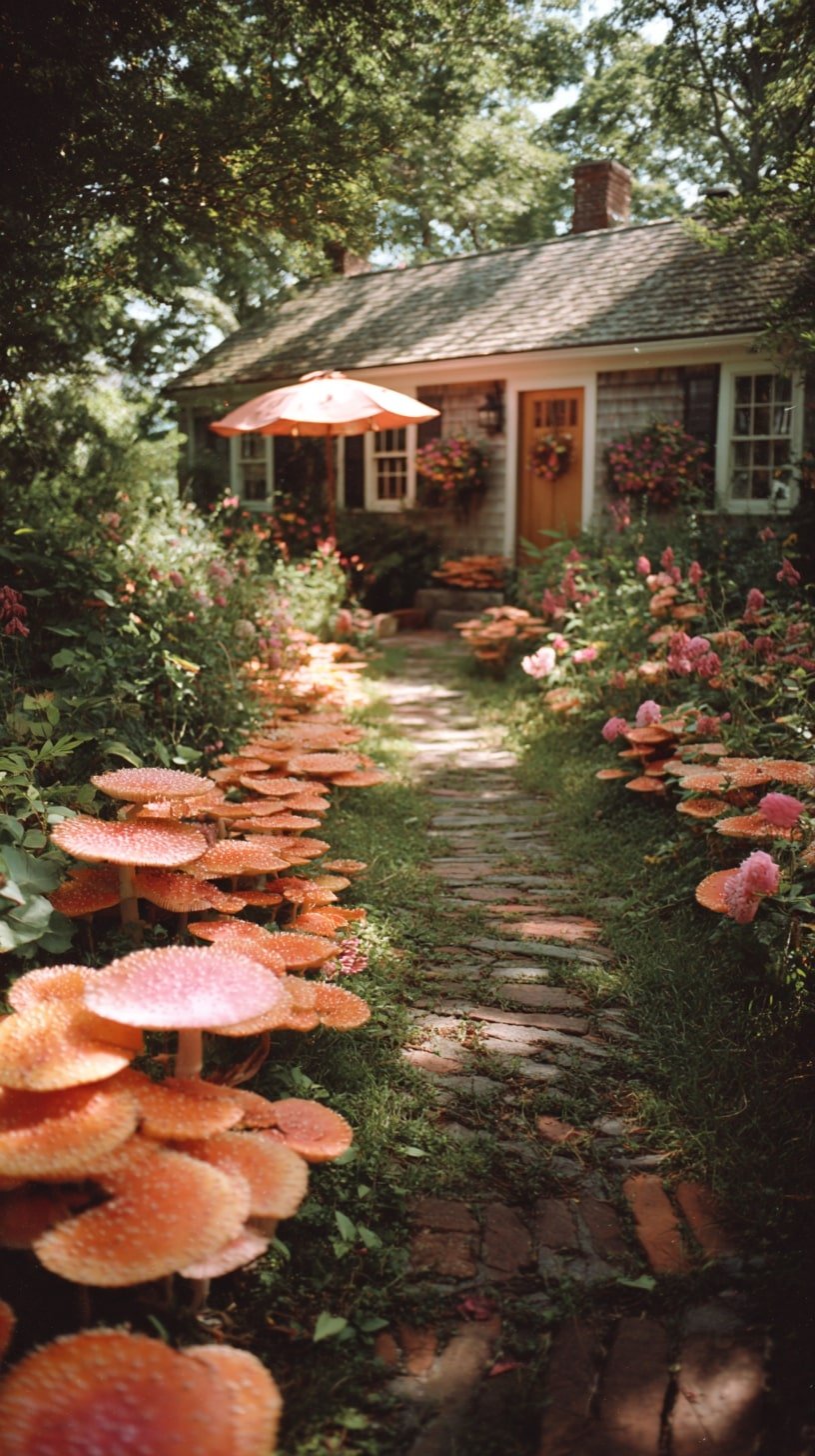 Brick Path with Oversized Mushrooms