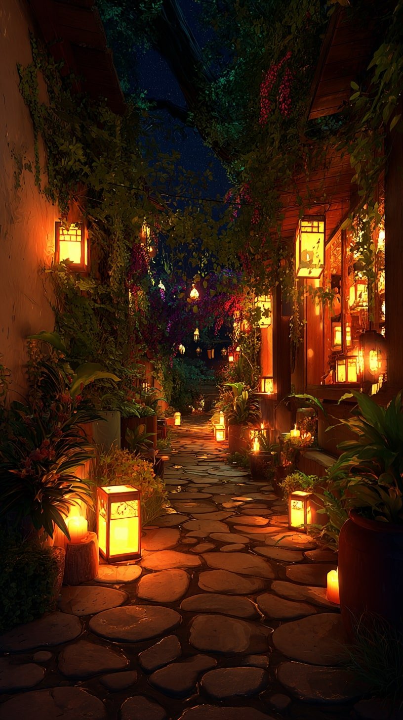 Glowing Lanterns to Soften a Stone Walk at Night