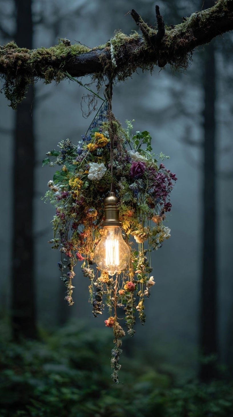 Dried Florals Over Hanging Bulbs