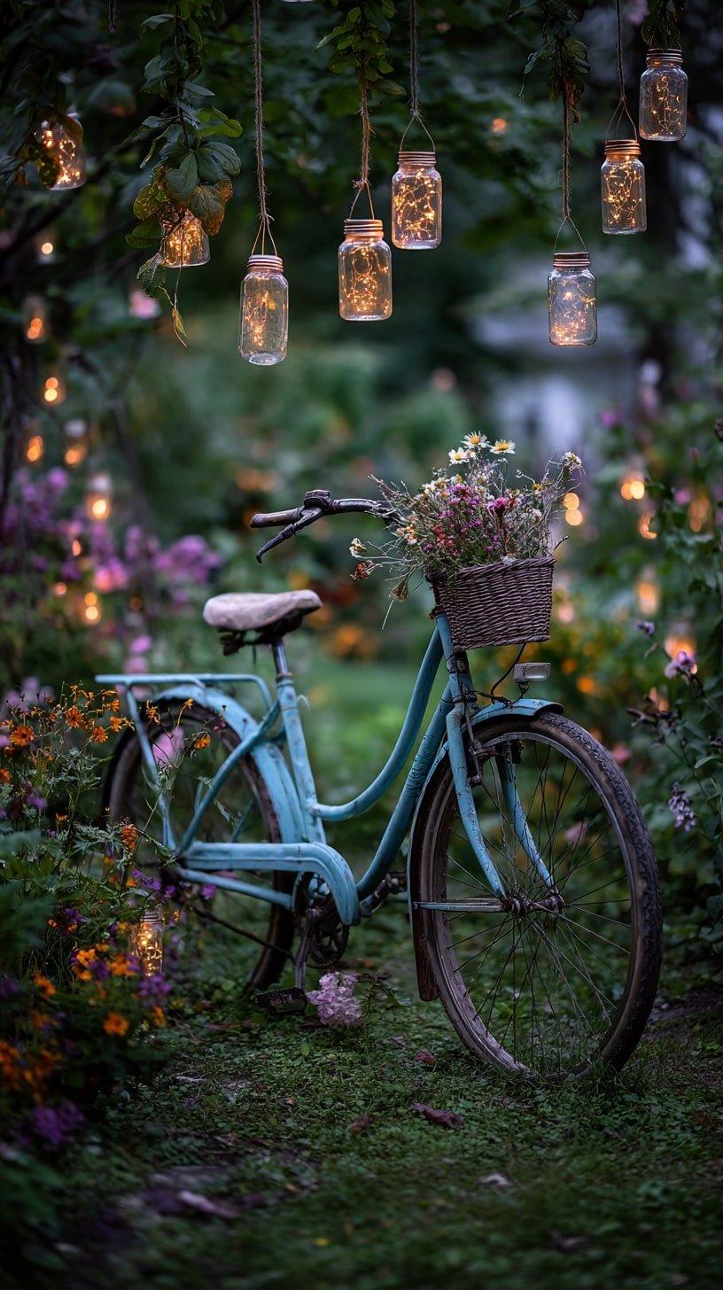 Upcycle Bikes with Basket Blooms and Jar Lights