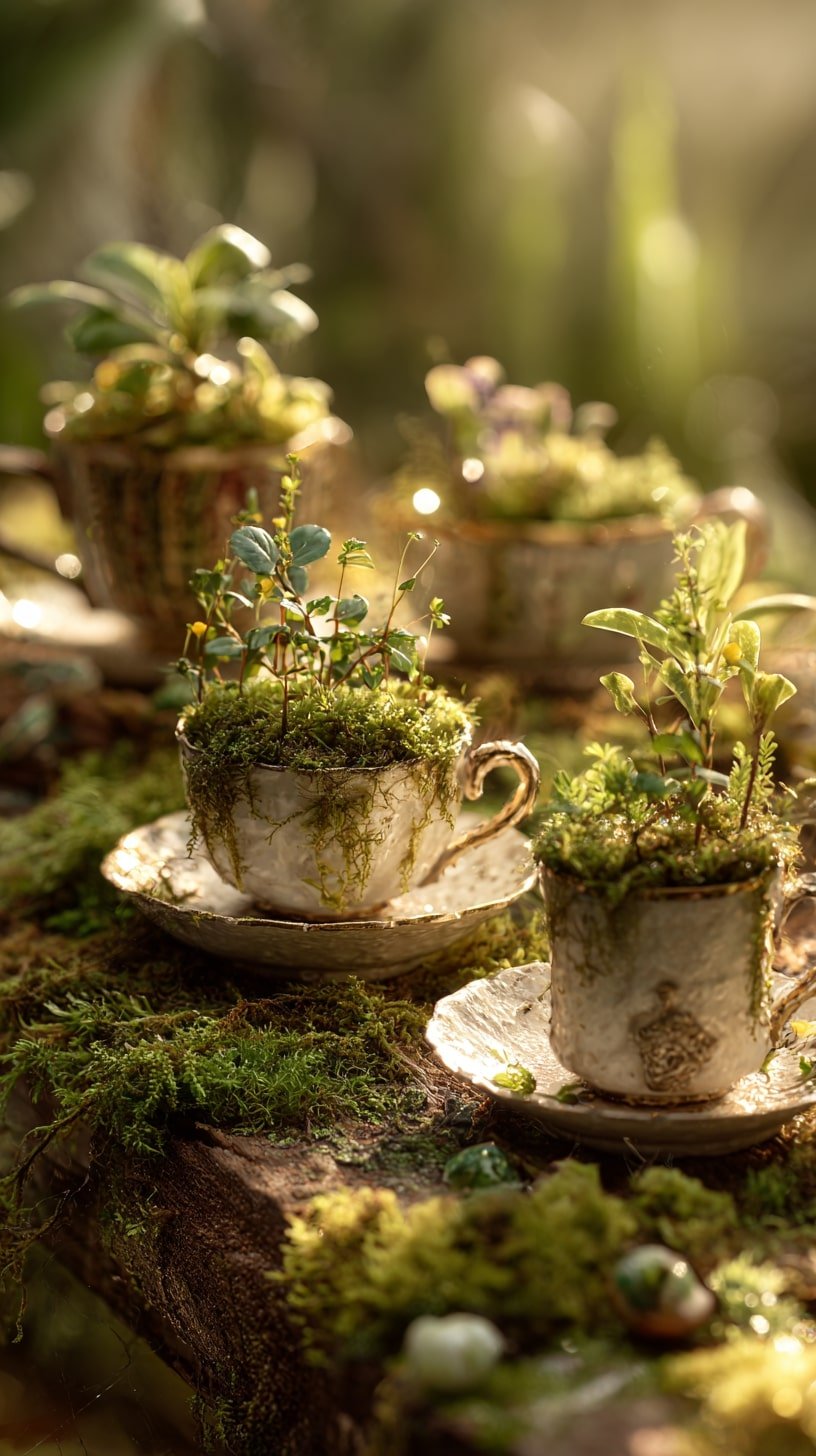 Plant Moss Herbs in Vintage Teacups