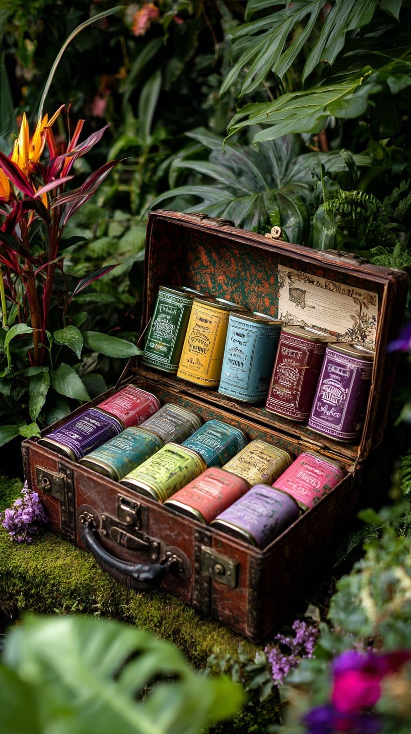Display Assorted Tins in a Vintage Case for a Botanical Treasure Moment