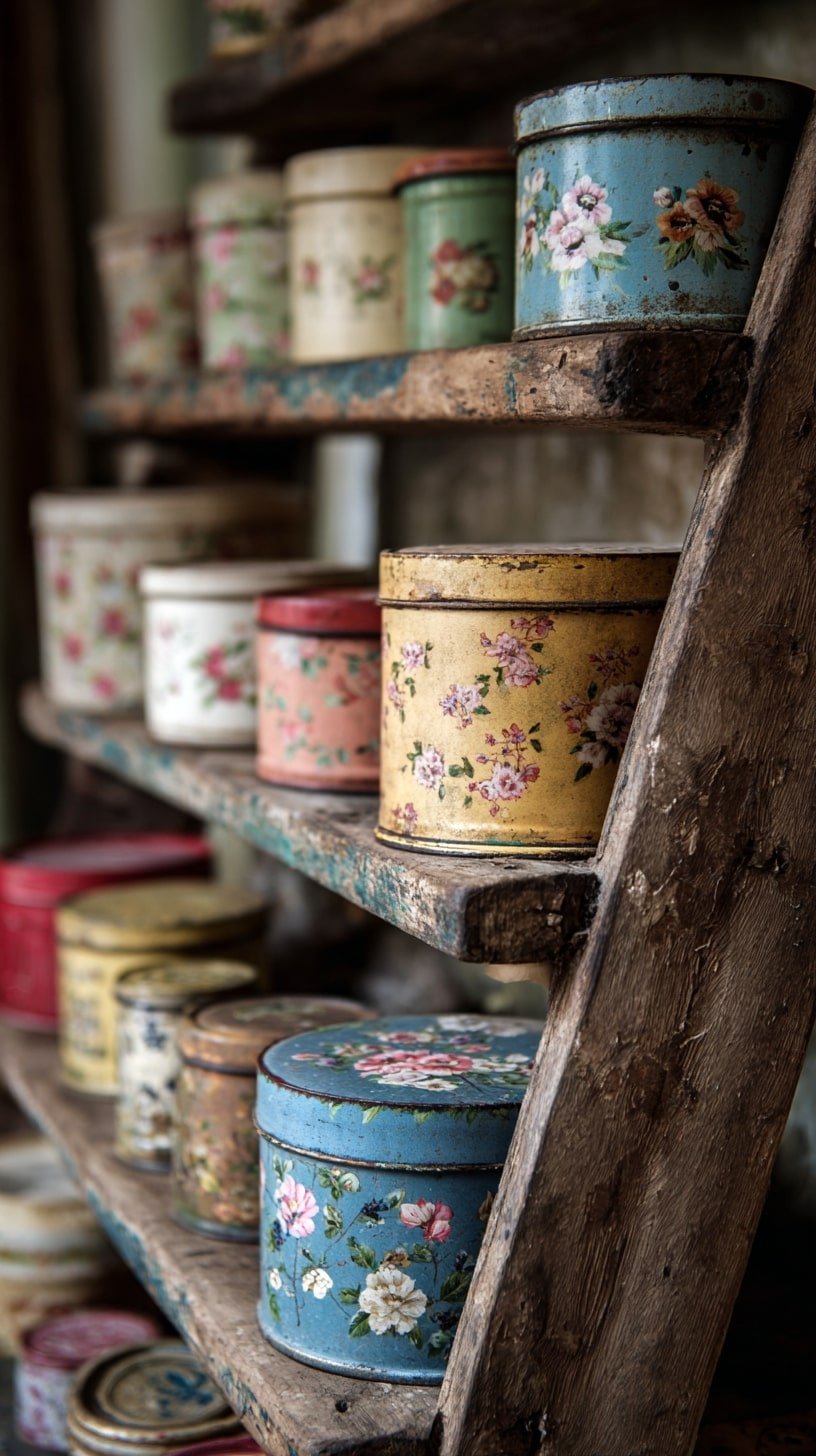 Mix Floral-Print Tins on Open Shelving for a Romantic Cottage Accent