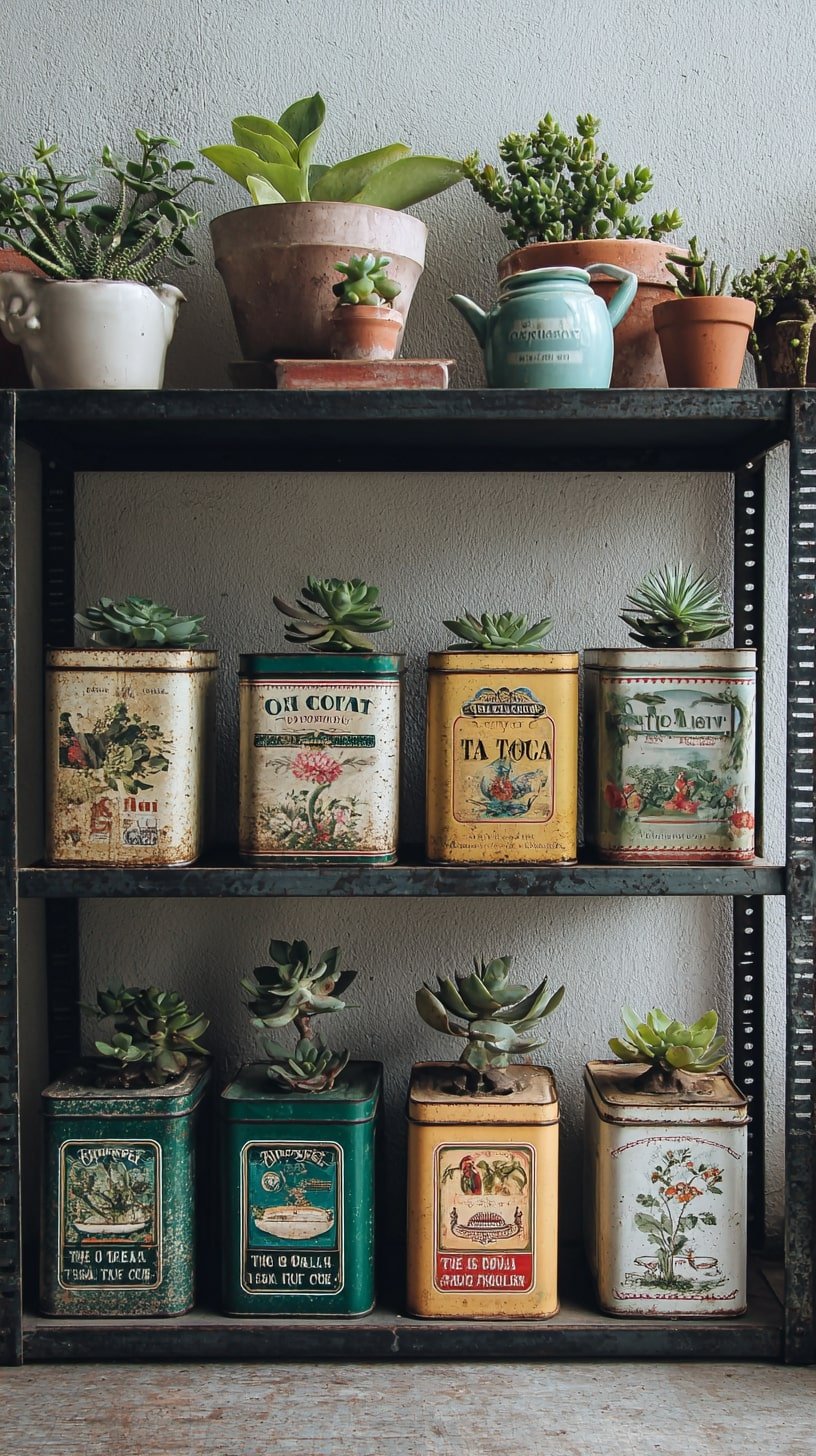 Line Industrial Shelves with Graphic Tins for Vintage Vertical Display