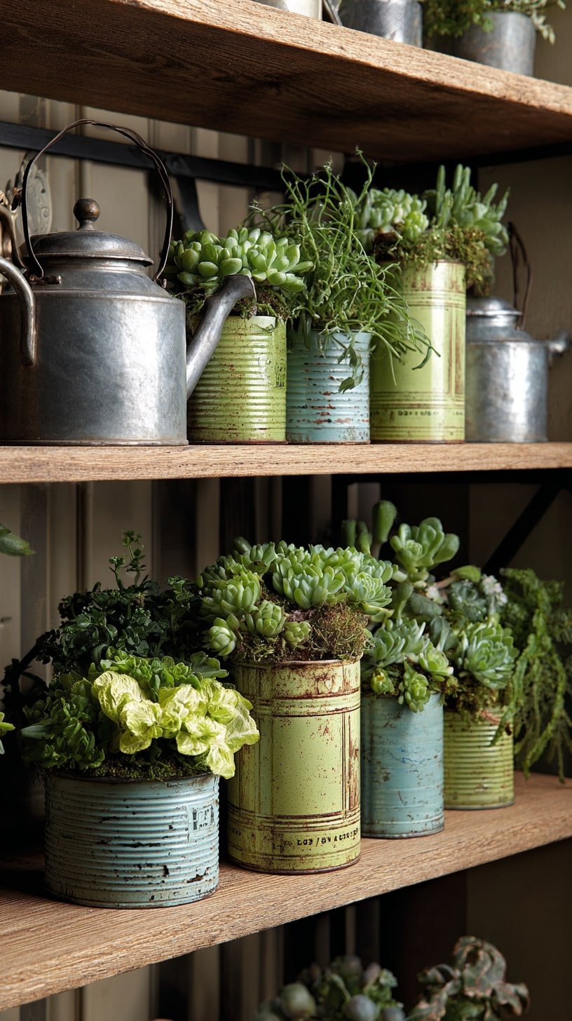 Pair Soft-Toned Tins with Textural Greens for a Rustic Shelf Display