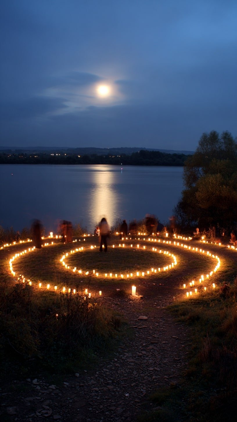 Moonlit Spiral with Ground-Level Candlelight