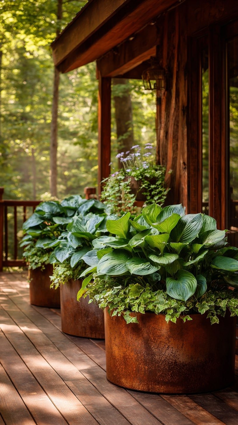 Hostas in Weathered Metal Planters
