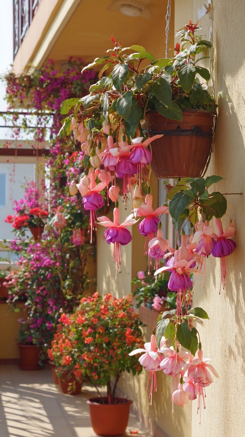Balcony Wall with Cascading Fuchsia Blooms