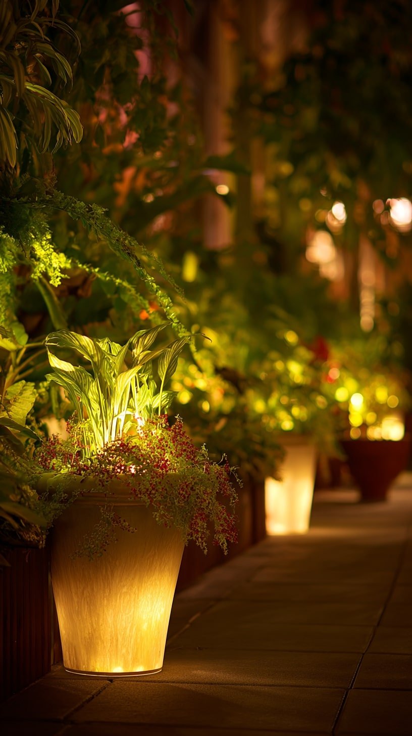 Soft Uplighting in Planters for Glowing Greenery