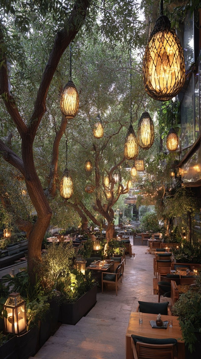 Organic Lanterns Through Tree Canopy